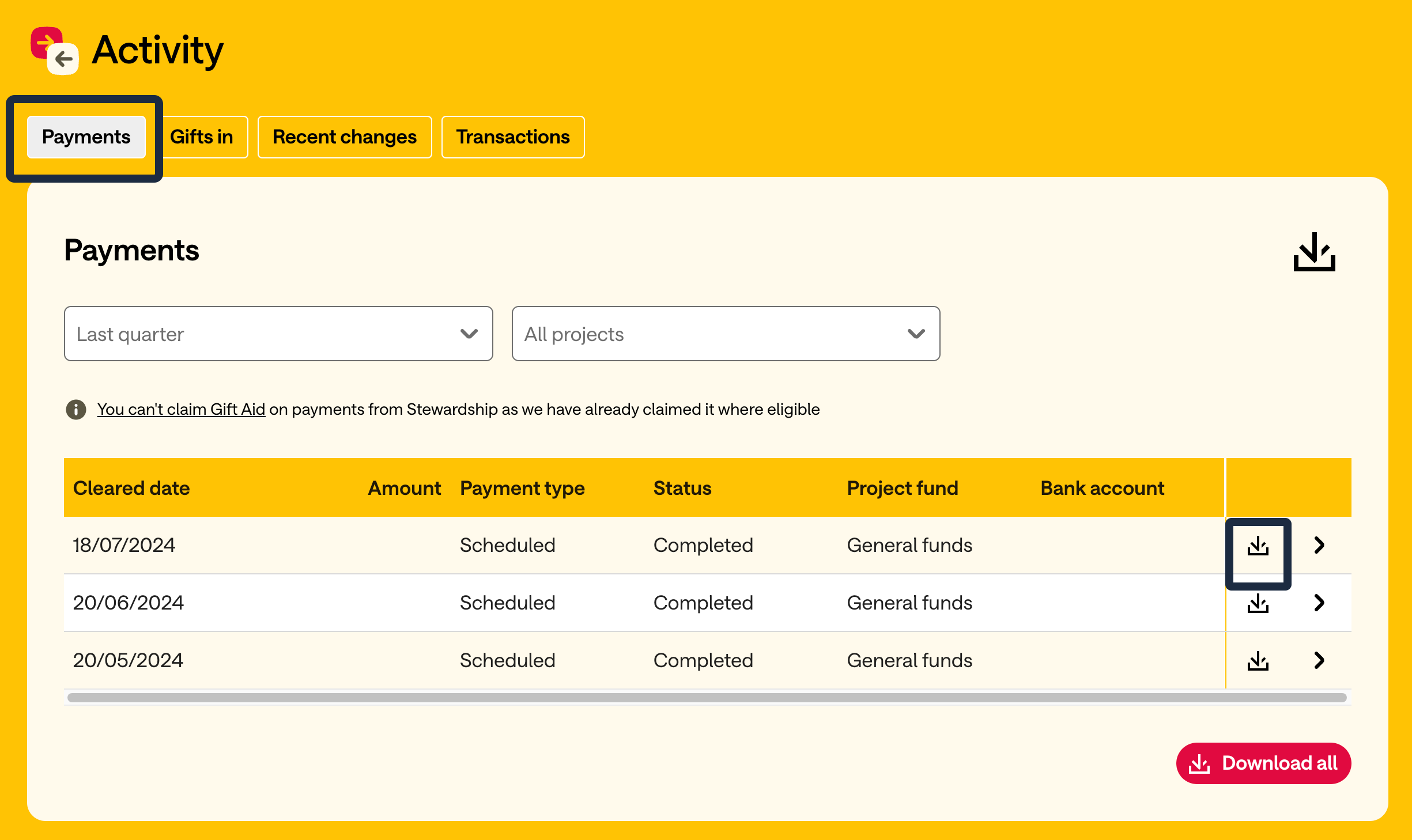 Stewardship screenshot of the 'Activity' screen, highlighting 'Payments' and the download button