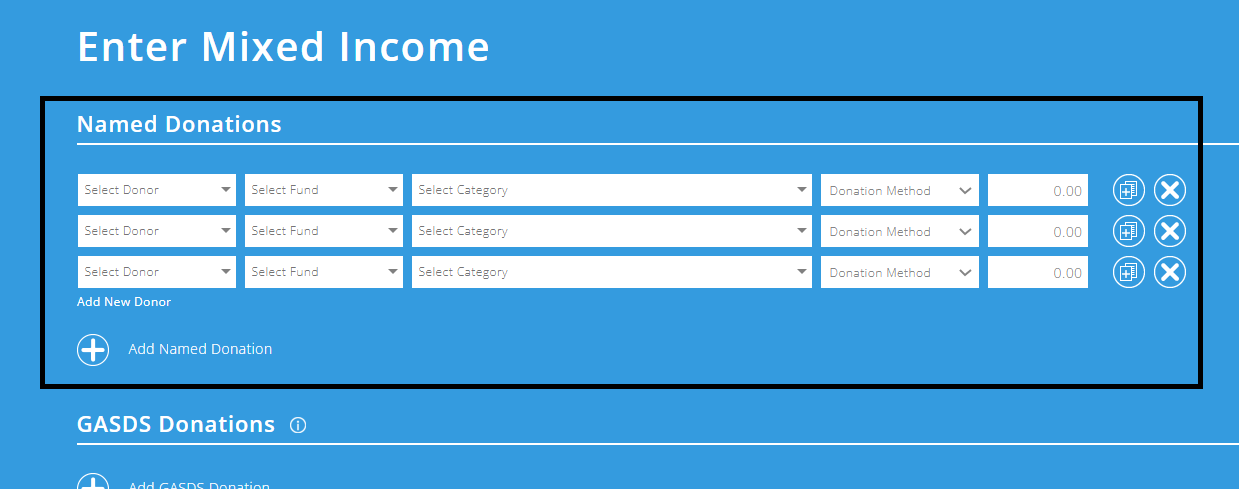 ExpensePlus screenshot of the 'Enter Mixed Income' screen, highlighting where to enter the donations details
