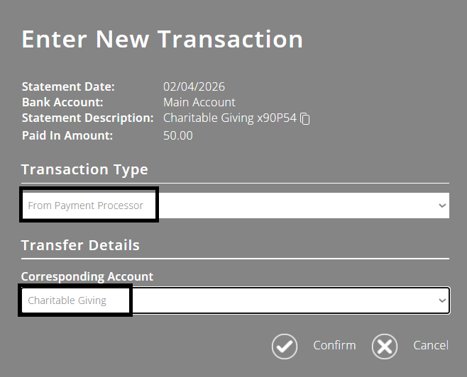 ExpensePlus screenshot, highlighting transaction type 'from Payment Processor', and the box to select Charitable Giving