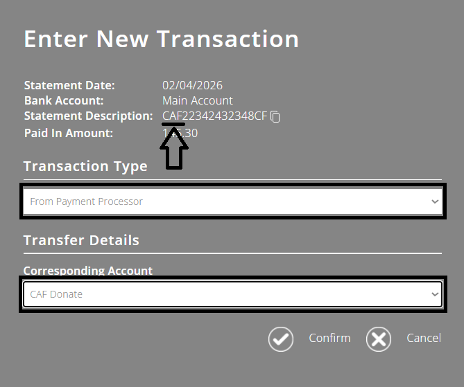ExpensePlus screenshot, highlighting transaction type 'from Payment Processor', the box to select 'CAF Donate' and, at the top, the correct statement description without the letters 'GYE'