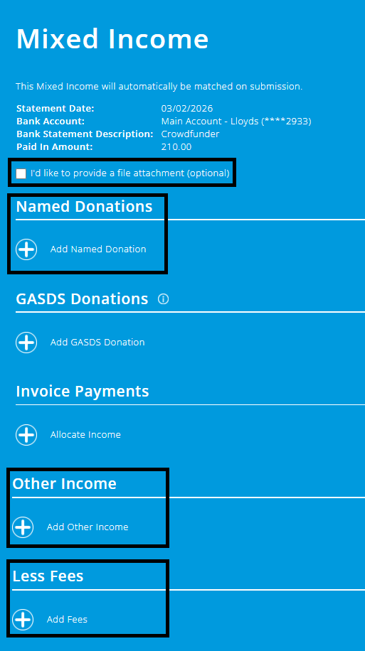 ExpensePlus screenshot of the Mixed income screen, highlighting the 'add file attachment' checkbox, and the sections for 'Named donations', 'Other income', and 'Less Fees'