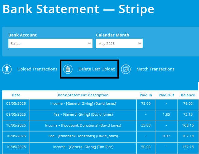 ExpensePlus screenshot of the 'view statement' screen for a payment processor account, highlighting the 'Delete Last Upload' button