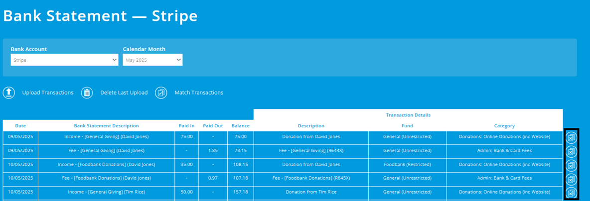 ExpensePlus screenshot of the 'view statement' screen for a payment processor account, highlighting the 'unmatch' button