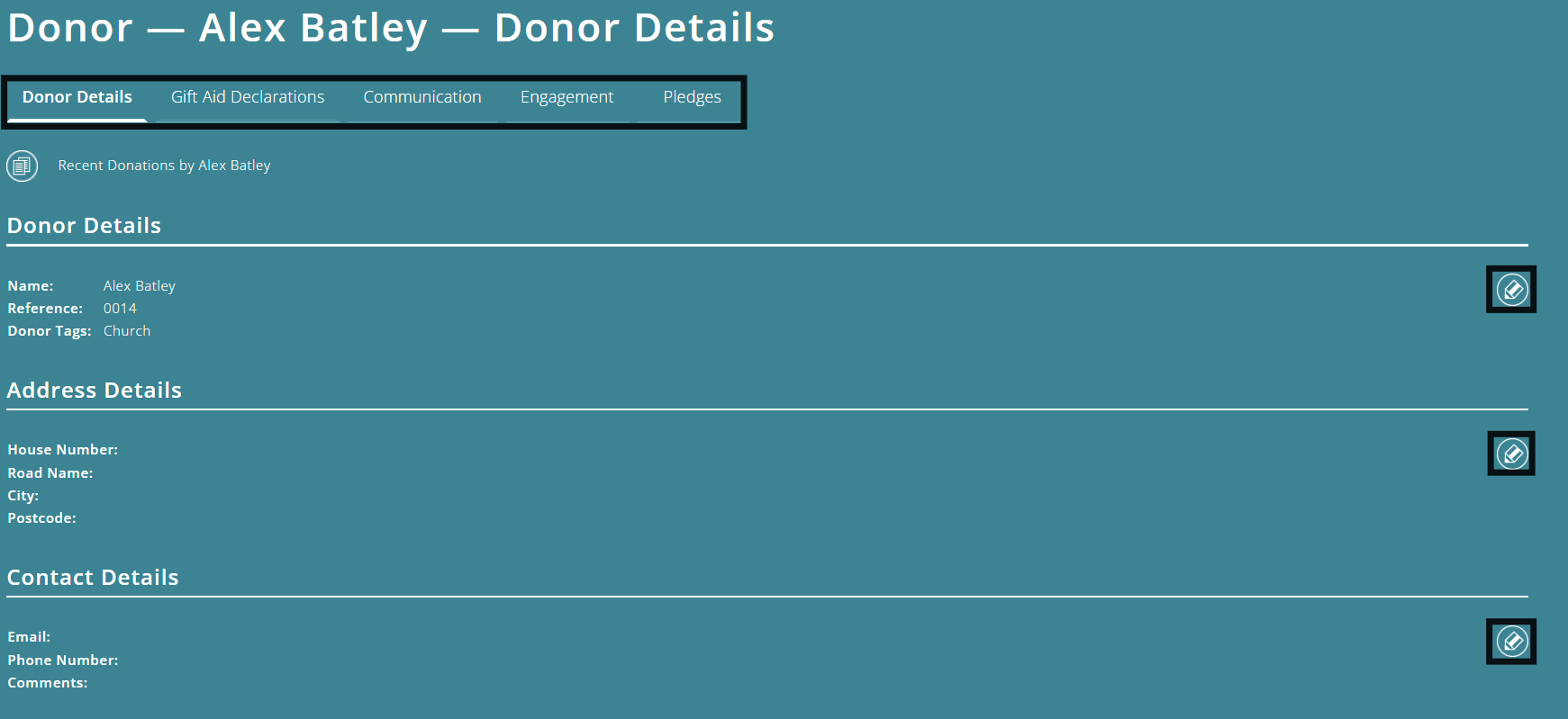 ExpensePLus Donor Details screen highlighting the different views, and the edit icons