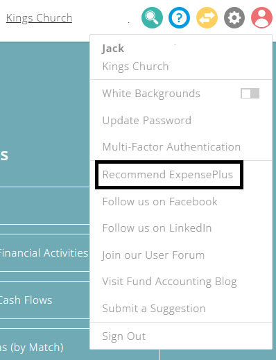 ExpensePlus User menu highlighting the Recommend ExpensePlus button