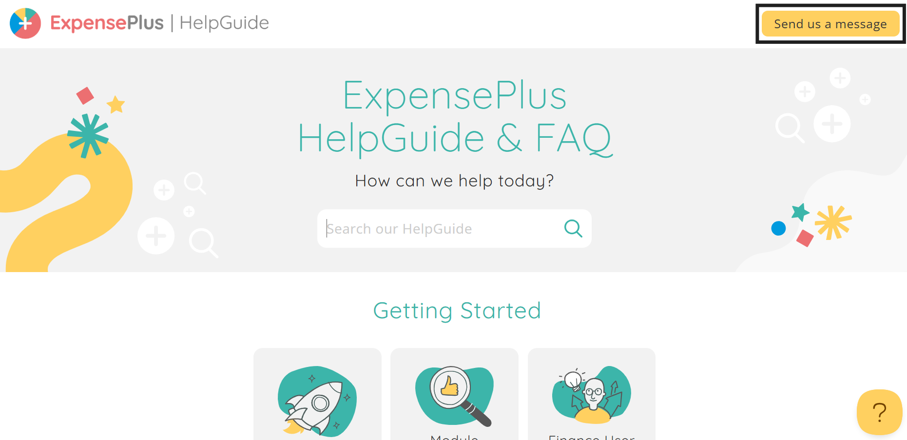 ExpensePlus HelpGuide homepage highlighting the Send us a message button