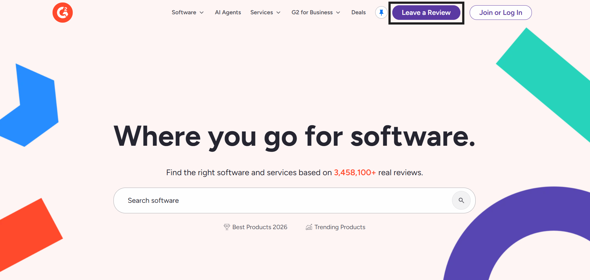 Screenshot of the G2 homepage highlighting the Leave a Review button