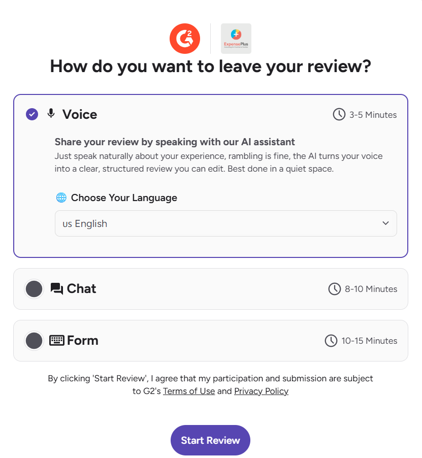 G2 review page listing the options for how to leave a review as detailed above