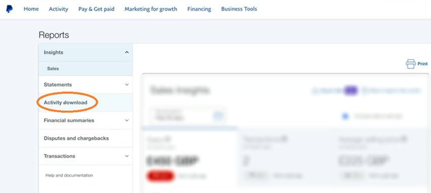 PayPal screenshot, highlighting 'Activity download'