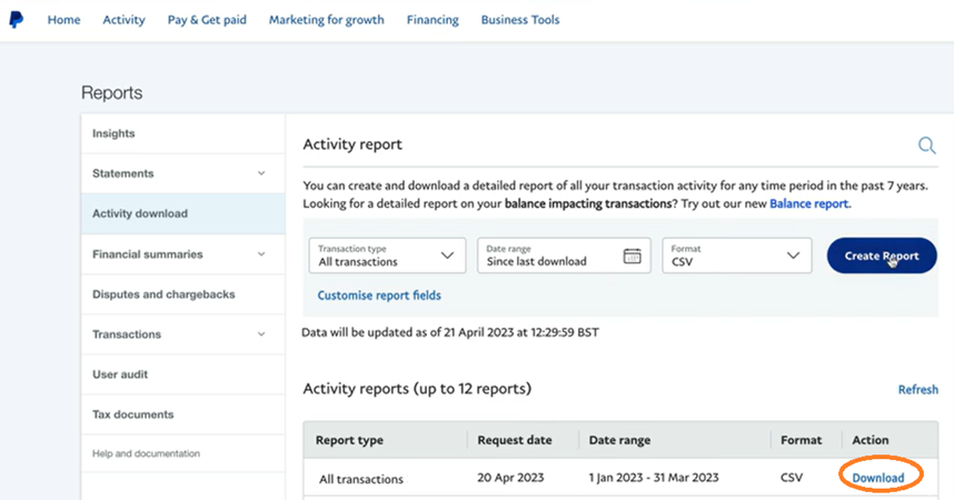 PayPal screenshot, highlighting the 'Download' button for a report that's been generated