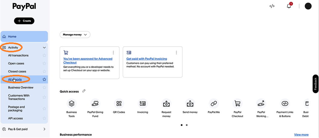 PayPal screenshot, highlighting 'All Reports' in the Activity menu