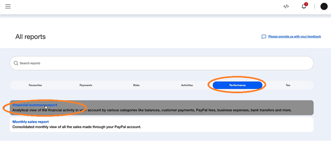 PayPal screenshot, highlighting the 'Performance' tab, and 'Financial summary report'