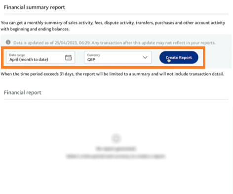 PayPal screenshot, showing 'Date range', 'Currency', and 'Create Report