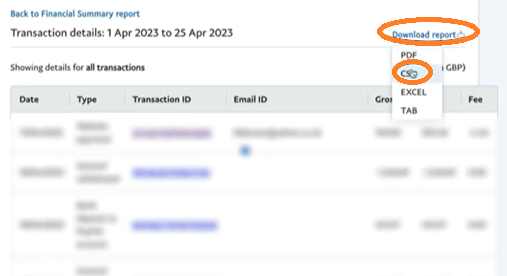 PayPal screenshot, highlighting 'Download report' and 'CSV'