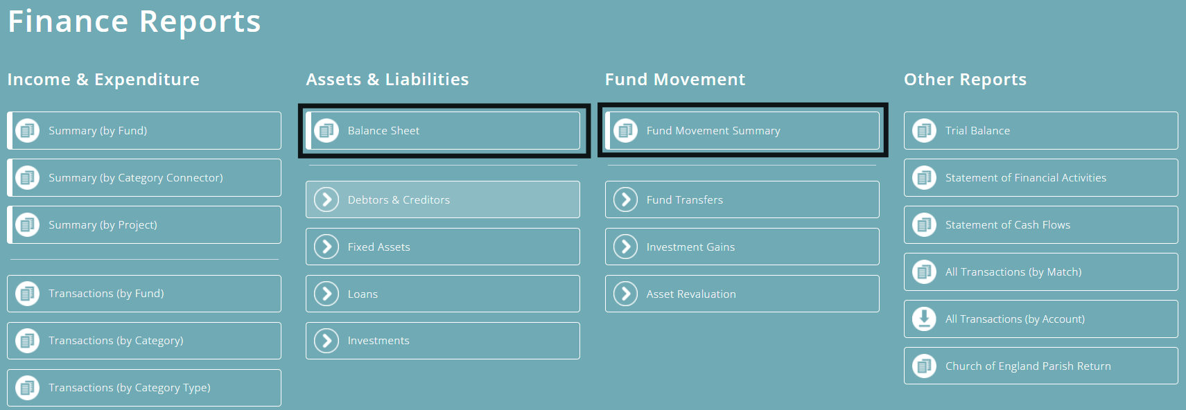 ExpensePlus Finance Reports screen highlighting the Balance Sheet and Fund Movement Summary reports as mentioned above