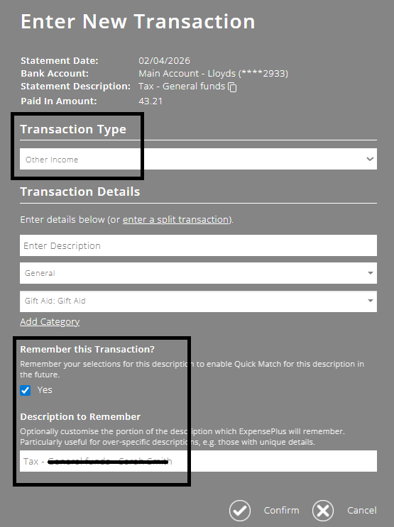 ExpensePlus screenshot showing the 'tax' income reconciled as 'Other income', with the description shortened to 'Tax - ' to allow for future quick-matching