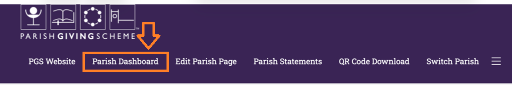 Parish Giving Scheme screenshot, highlighting 'Parish Dashboard'