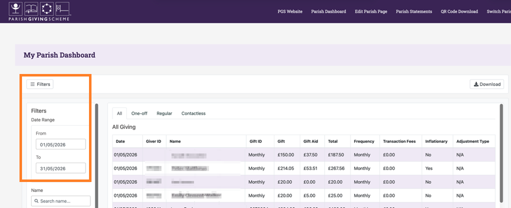 Parish Giving Scheme screenshot, highlighting the date filter