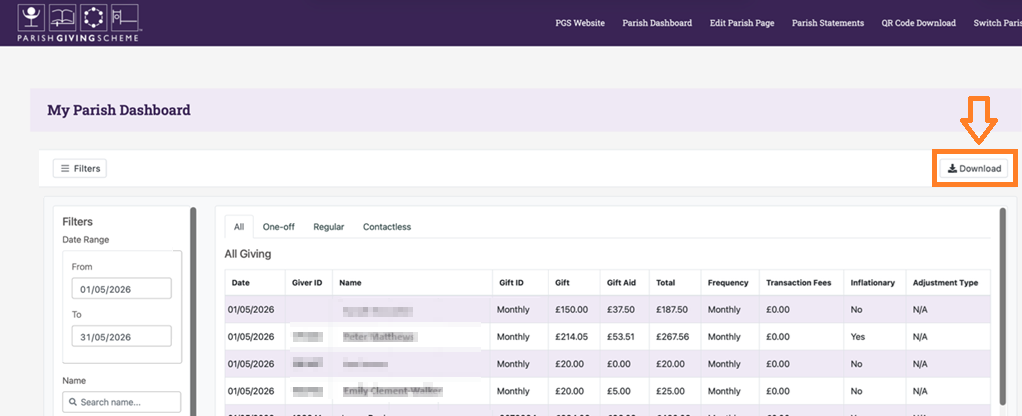 Parish Giving Scheme screenshot, highlighting the 'Download' button