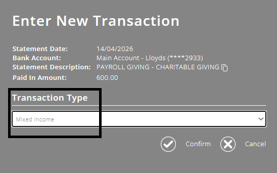 ExpensePlus screenshot showing transaction type = 'mixed income'