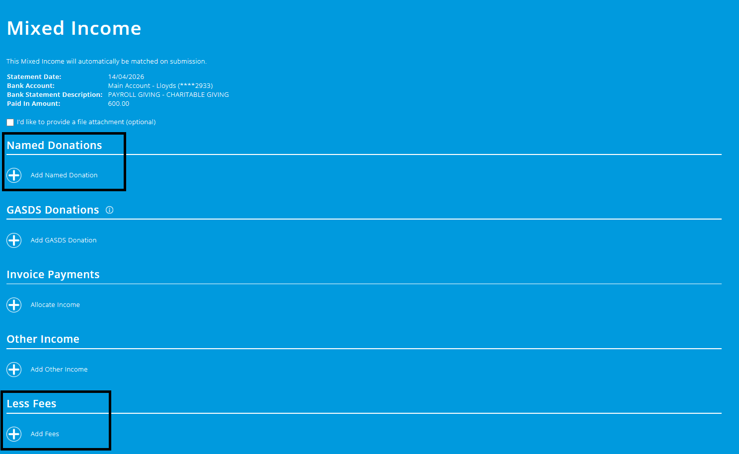 ExpensePlus screenshot of the 'Mixed Income' screen, highlighting 'Named Donations' and 'Less Fees'