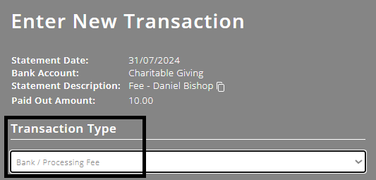 ExpensePlus screenshot, highlighting 'Bank / Processing Fee' as the transaction type  