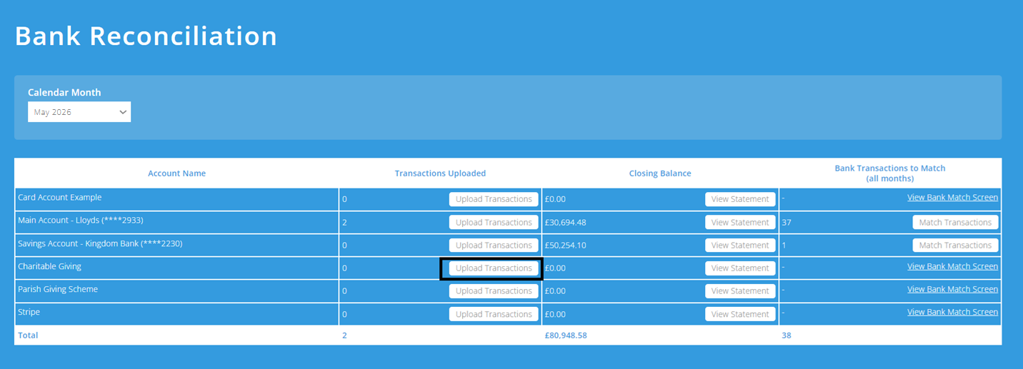 ExpensePlus screenshot of the Bank Reconciliation screen, highlighting 'Upload Transactions' for a Charitable Giving account