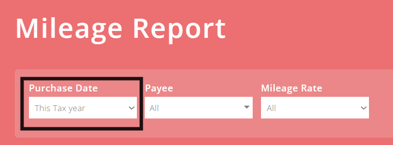 ExpensePlus Mileage Report screen highlighting the Purchase Date drop down menu