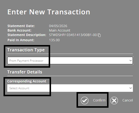 ExpensePlus screenshot, highlighting transaction type 'from Payment Processor', and the box to select Stewardship account