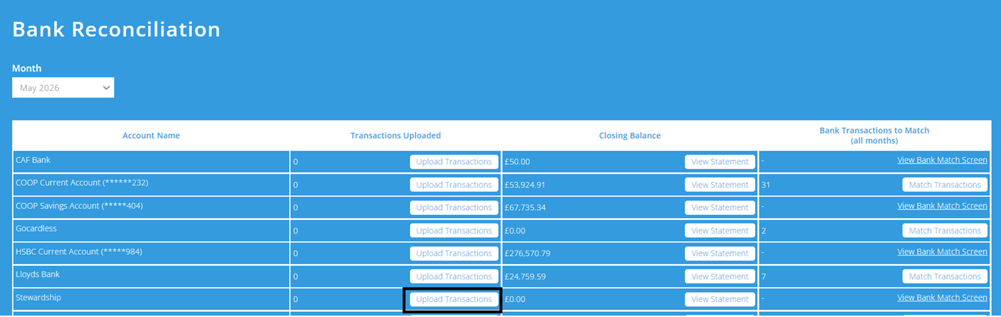 ExpensePlus screenshot of the Bank Reconciliation screen, highlighting 'Upload Transactions' for a Stewardship account