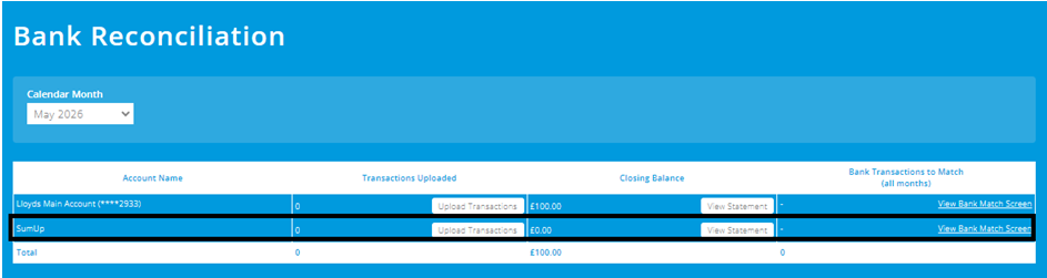 ExpensePlus screenshot, highlighting a payment processor account on the Bank Reconciliation screen