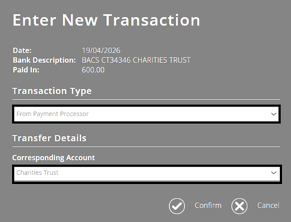 ExpensePlus screenshot, highlighting transaction type 'from Payment Processor', and the box to select Charities Trust
