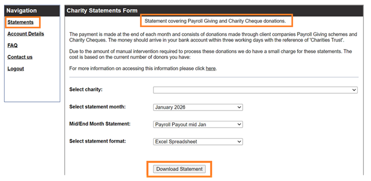 Charities Trust screenshot, highlighting 'Statements', 'Payroll Giving donations and Charity Cheques' and 'Download Statement' 