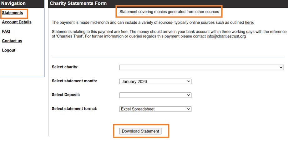Charities Trust screenshot, highlighting 'Statements', 'Donations from all other sources' and 'Download Statement'