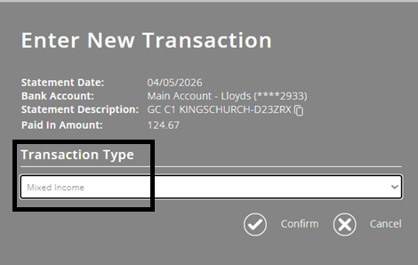 ExpensePlus screenshot showing transaction type = 'mixed income'