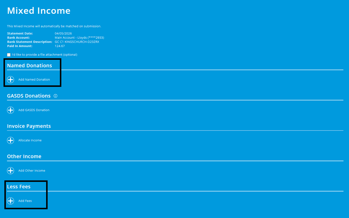 ExpensePlus screenshot of the 'Mixed Income' screen, highlighting the sections 'Named donations' and 'Less Fees'