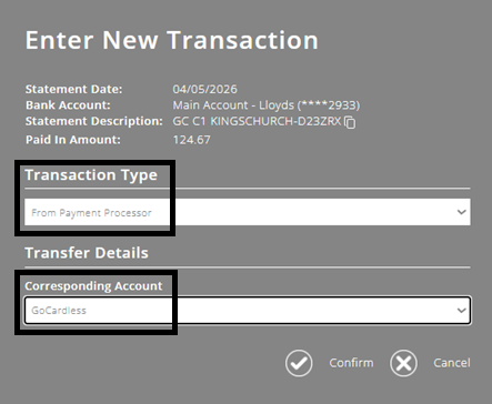 ExpensePlus screenshot showing transaction type = 'Payment for Payment Processor', and transaction type as 'Payout from Payment Processor', and account as GoCardless