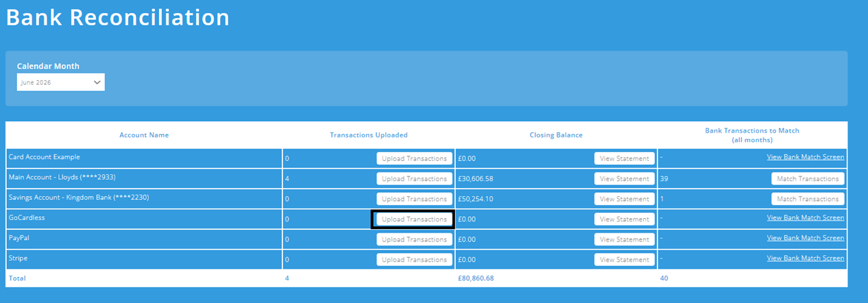 ExpensePlus screenshot of the Bank Reconciliation screen, highlighting 'Upload Transactions' for a GoCardless account