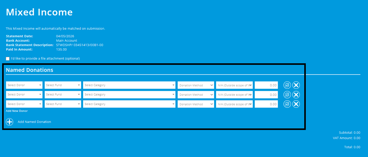ExpensePlus screenshot of the 'Mixed Income' screen, highlighting where to enter the donations details