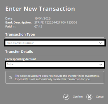 ExpensePlus screenshot showing transaction type = 'Payment for Payment Processor', and transaction type as 'Payout from Payment Processor', and account as 'Stripe'