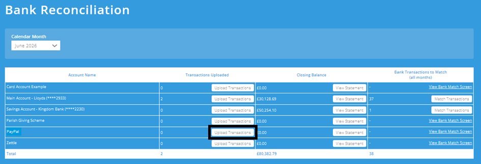 ExpensePlus screenshot of the Bank Reconciliation screen, highlighting 'Upload Transactions' for a PayPal account