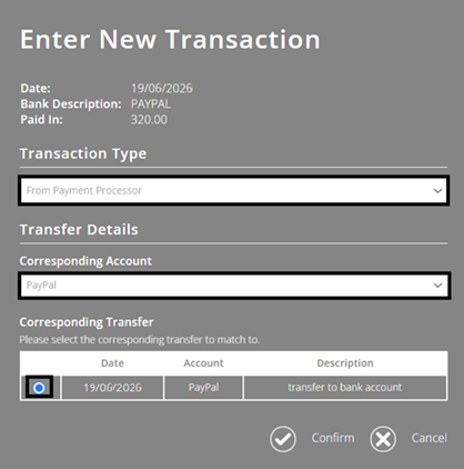 ExpensePlus screenshot showing transaction type as 'Payout from Payment Processor', account as PayPal, and with the corresponding transaction to your bank account