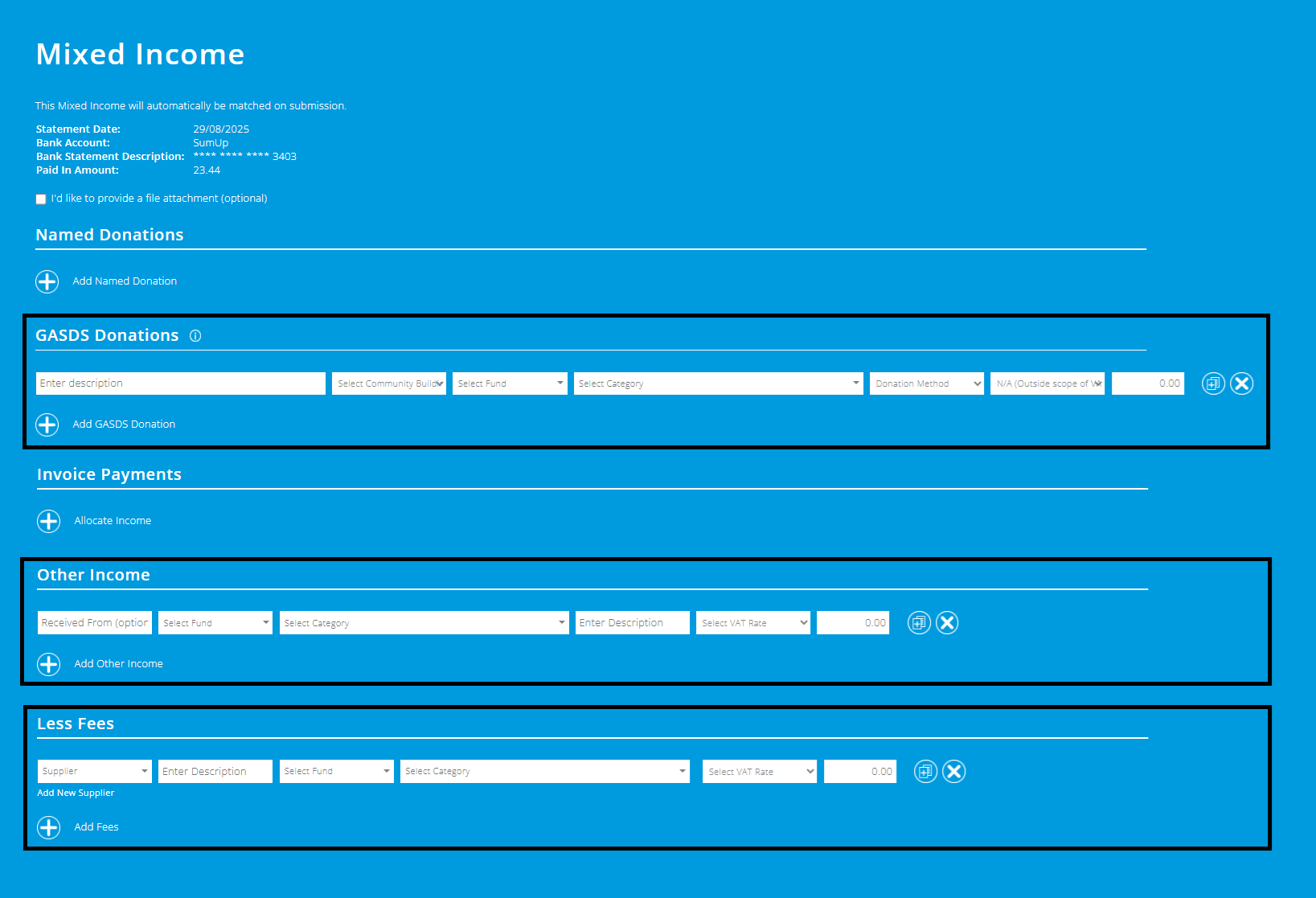 ExpensePlus screenshot of the 'Mixed Income' screen, highlighting the sections 'GASDS donations', 'Other Income' and 'Less Fees'