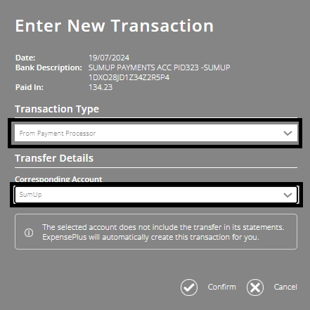 ExpensePlus screenshot showing transaction type = 'Payment for Payment Processor', and transaction type as 'Payout from Payment Processor', and account as SumUp