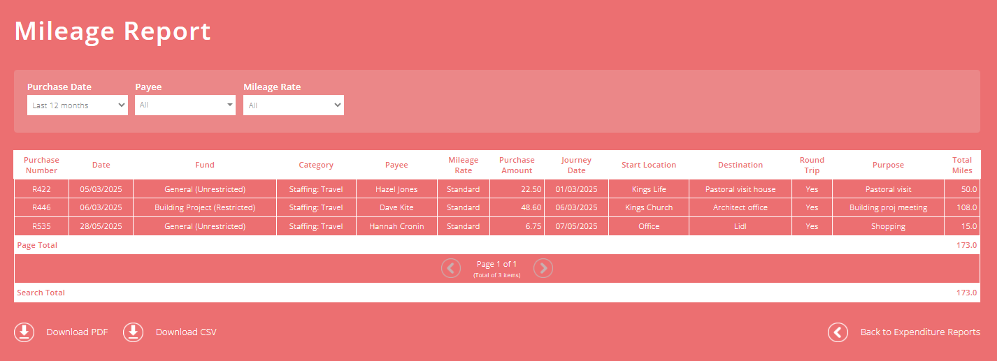 ExpensePlus screenshot of Mileage Report screen
