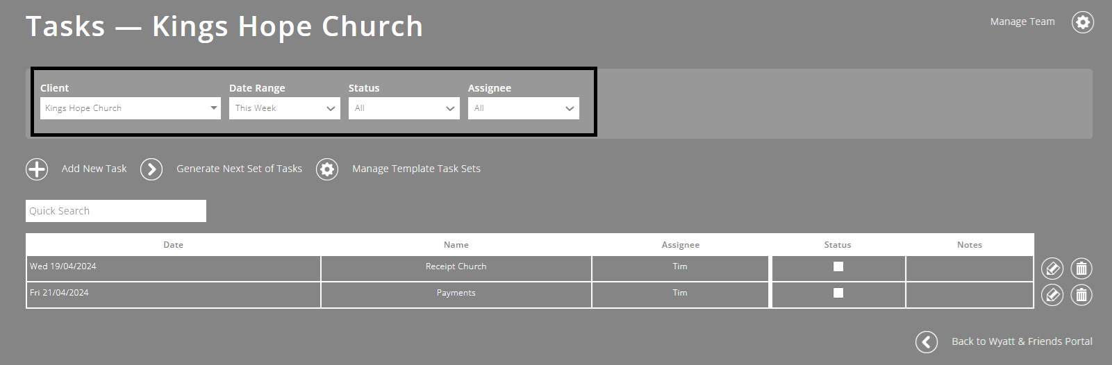 ExpensePlus screenshot of the Task Management screen, highlighting the filters