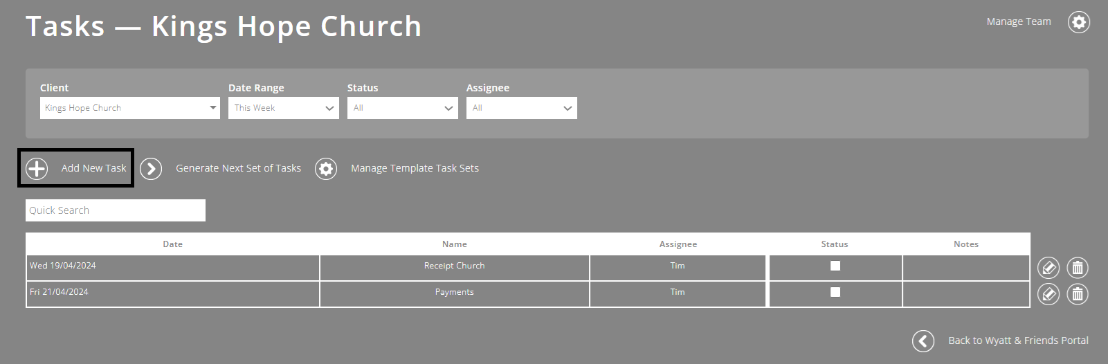 ExpensePlus screenshot of the Task Management screen, highlighting the 'Add New Task' button