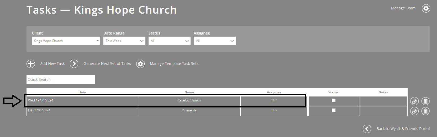 ExpensePlus screenshot of the Task Management screen, highlighting a linked task to click