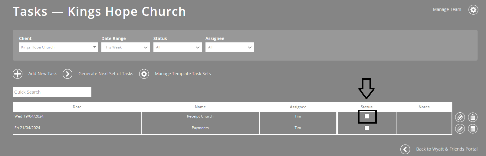 ExpensePlus screenshot of the Task Management screen, highlighting the 'Status' checkbox to mark a task as complete