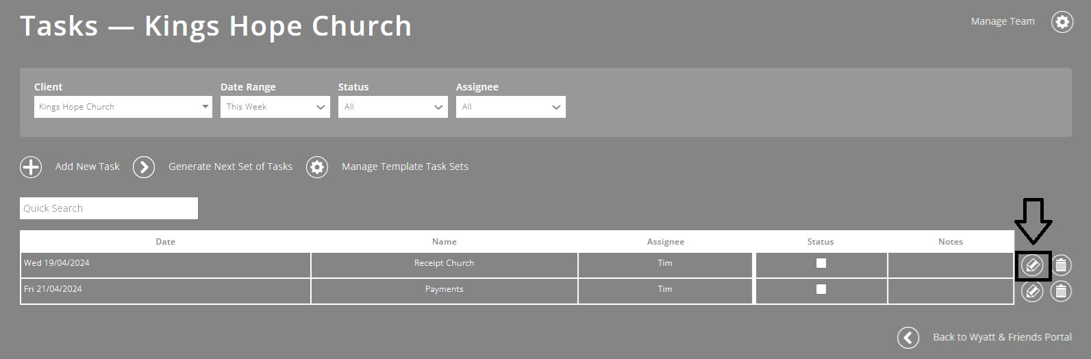 ExpensePlus screenshot of the Task Management screen, highlighting the 'Edit' button for a specific task